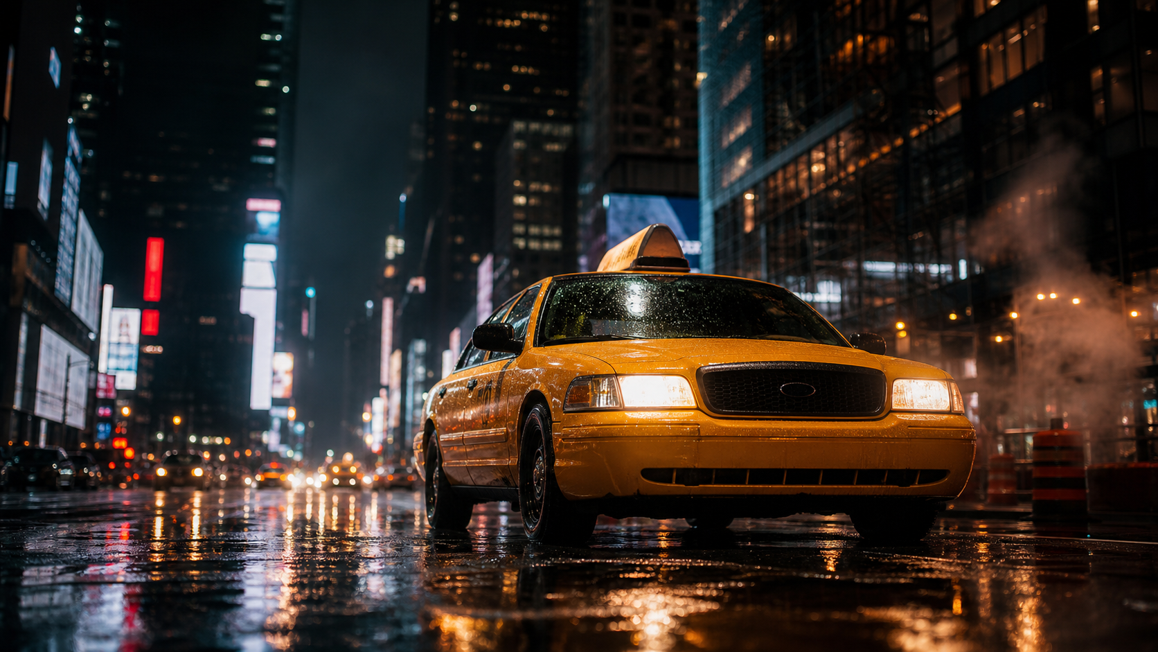 A cinematic yellow taxi at night on a wet New York street